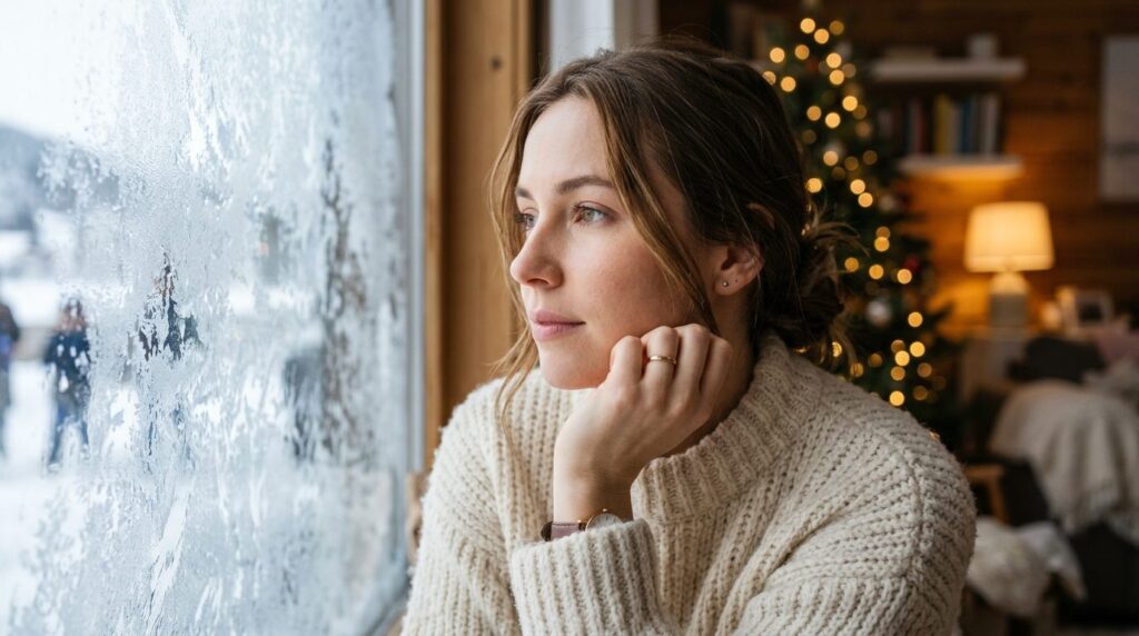 Close-up of a womans face looking thoughtfully out a froste