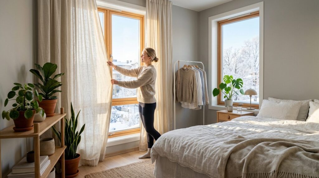 Bright modern bedroom with large windows letting in winter m