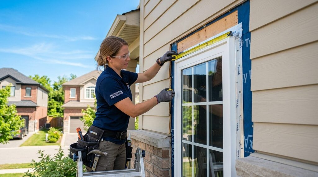 Close-up stock photo of a contractor measuring and installin