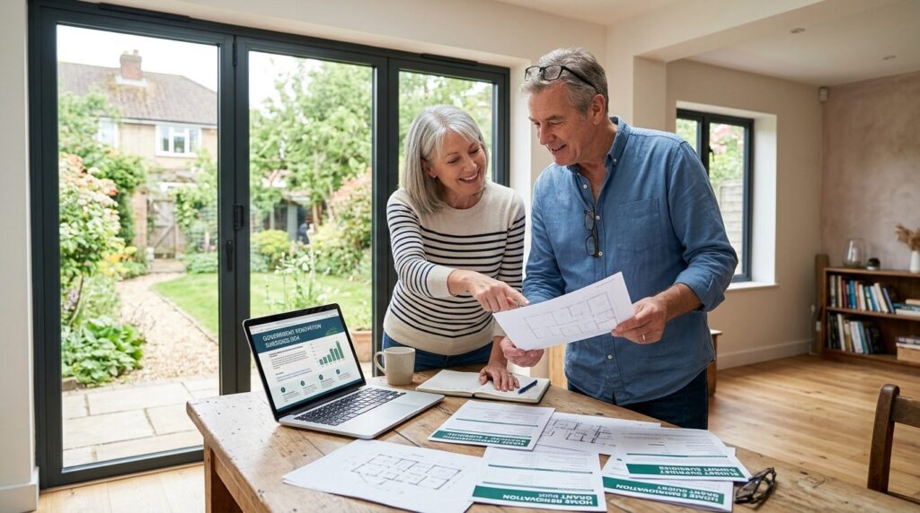 Stock photo of a mature couple reviewing renovation document