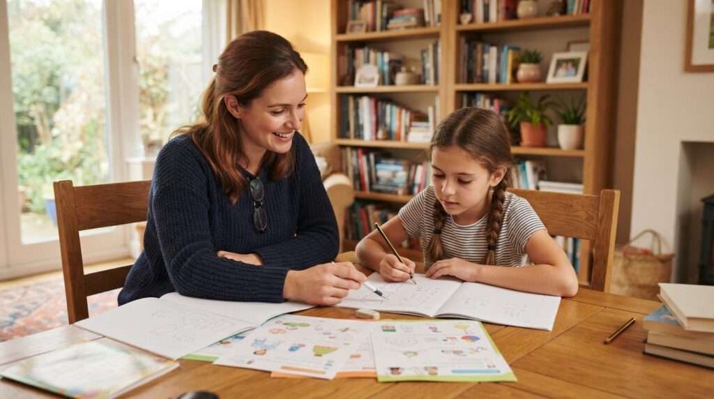 Realistic photograph of a female private tutor and elementar