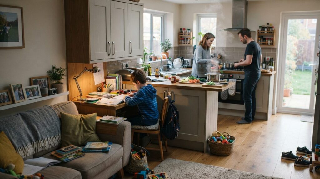 Photorealistic wide-angle shot of a busy family kitchen-livi