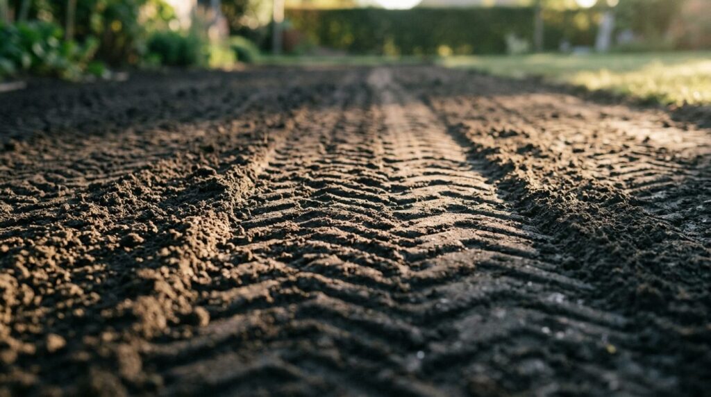 Close-up view of compacted and leveled topsoil with garden r