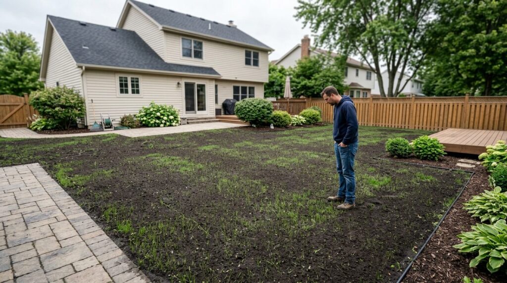 Wide landscape shot of a residential backyard with freshly s