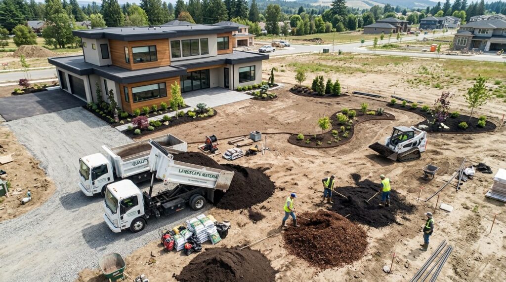 Wide overhead view of a new residential property with landsc