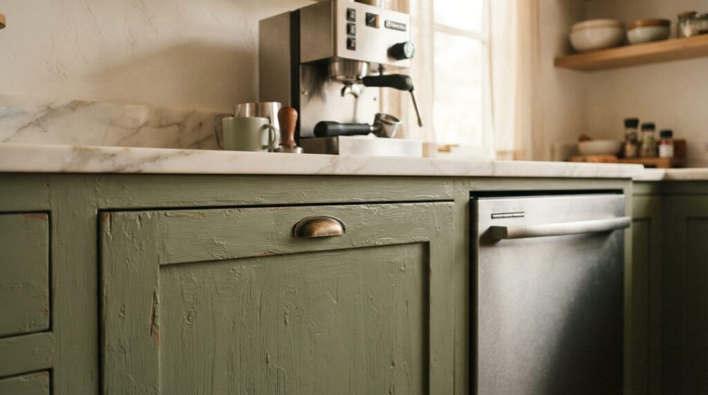 Close-up detail shot of a hand-painted kitchen cabinet in sa