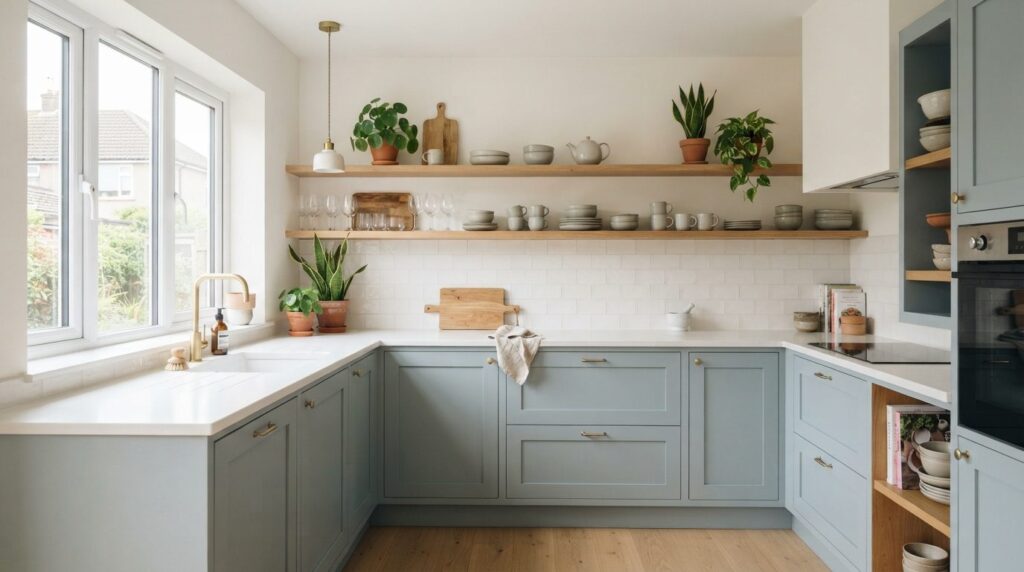 Bright airy kitchen interior featuring custom hand-painted c