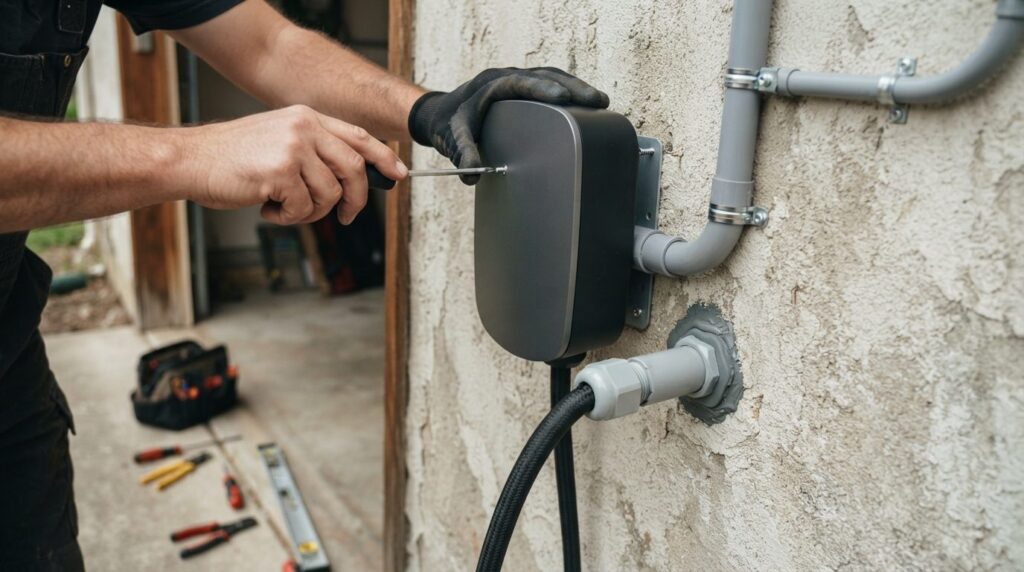 Close-up of a certified electricians hands installing an el