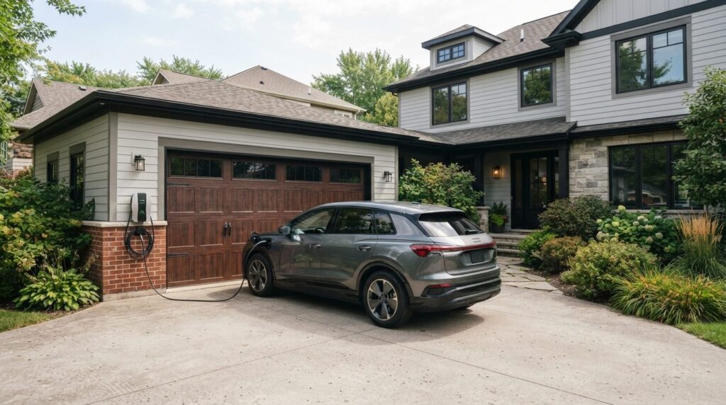 Wide shot of a residential garage with a wall-mounted EV cha