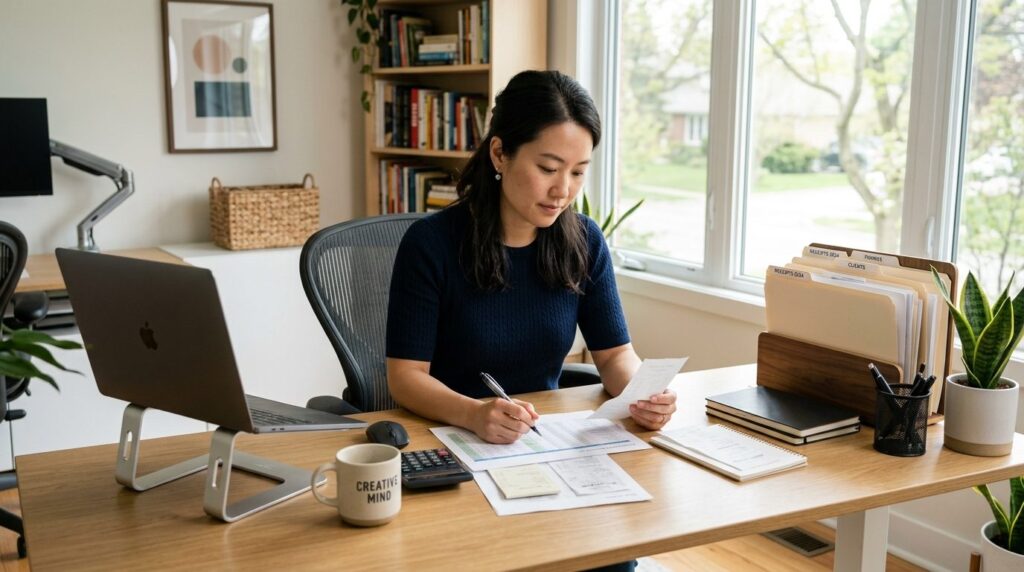 Self-employed professional woman working at home office desk