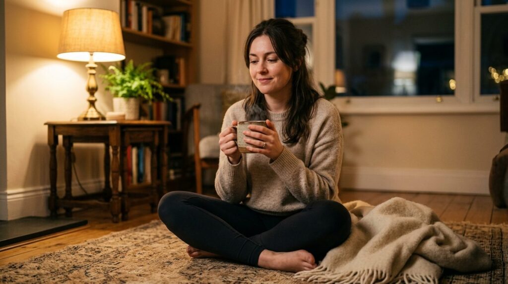 Close-up of a woman sitting cross-legged on a cozy living ro