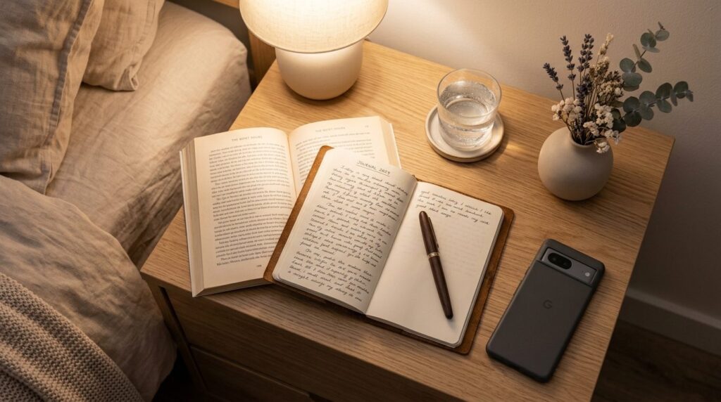 Overhead flat lay of a bedside table with soft warm lampligh