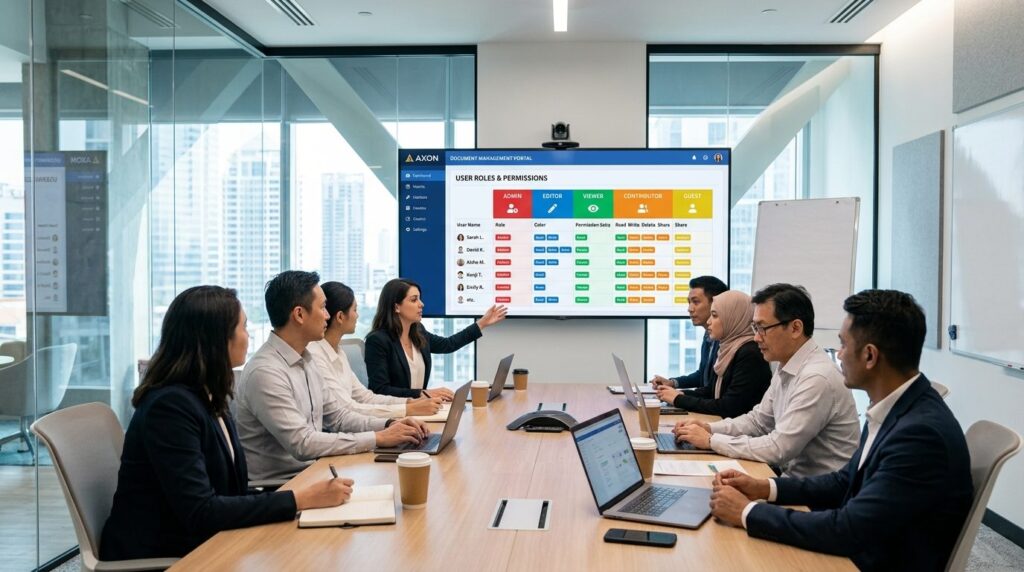 Wide-angle photograph of a corporate team meeting room where
