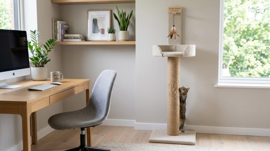 Close-up of an elegant tall cat scratching post with jute ro