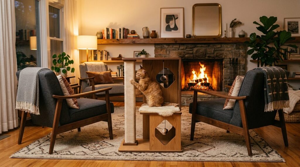Stylish compact cat scratching structure in warm wood tones 