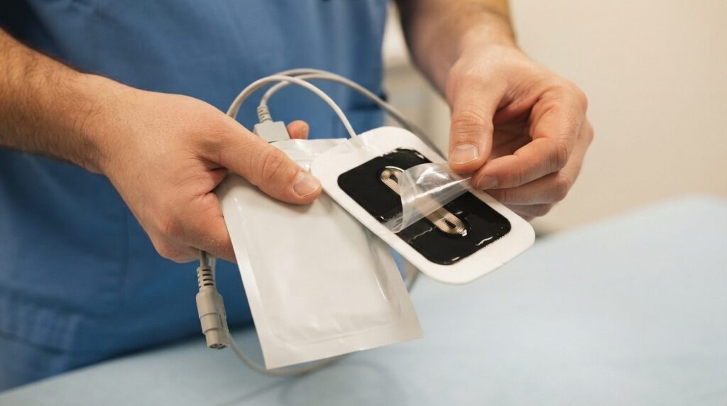 Close-up detailed shot of AED electrode pads being held in h