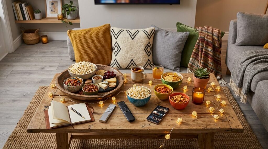 Overhead flat lay of a cozy home entertainment setup with de