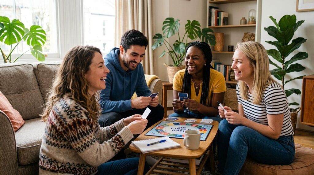 Close-up of smiling people gathered in a circle in a living 