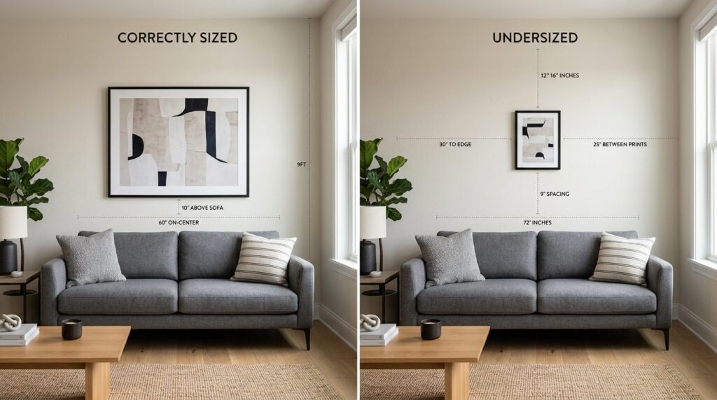 Side-by-side comparison shot of a living room wall with a so