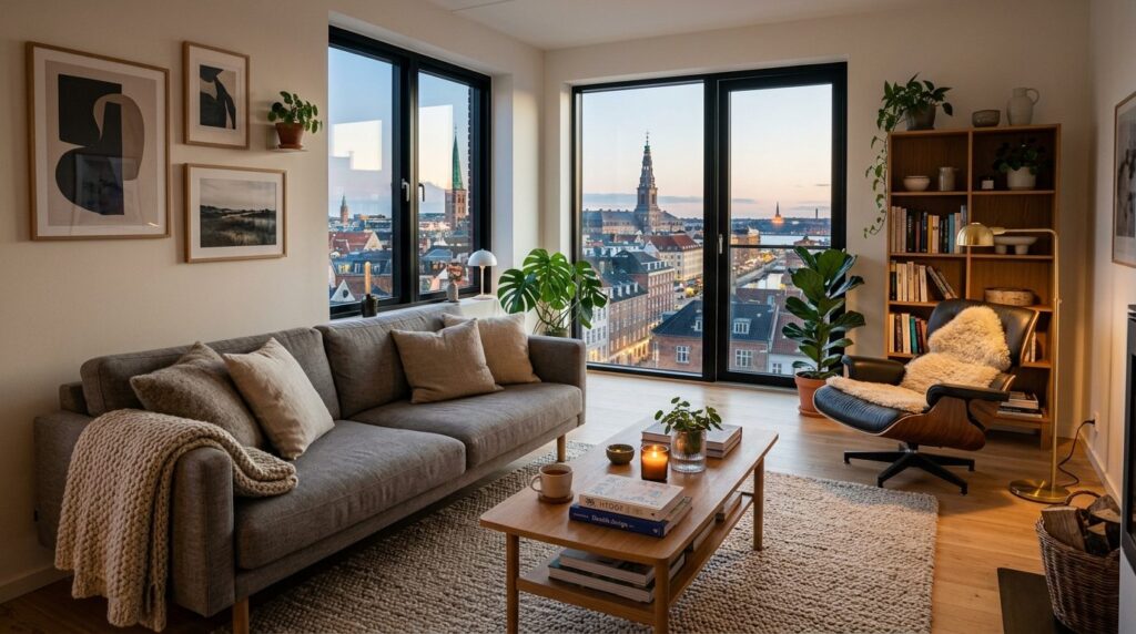 Photorealistic stock image of a cozy Copenhagen apartment in