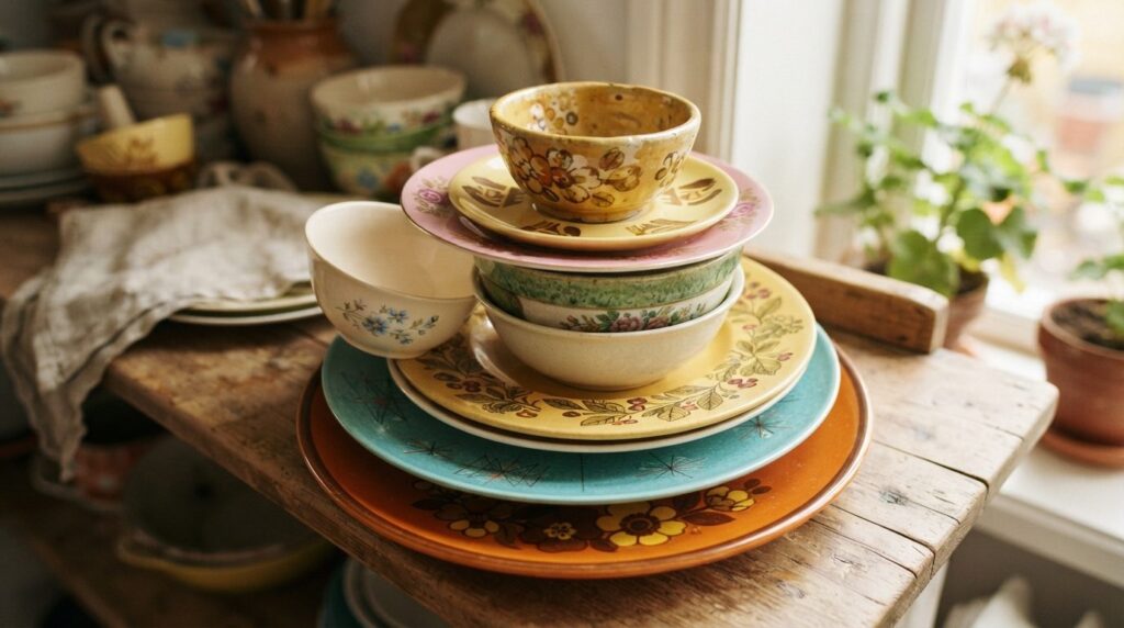 Close-up photorealistic image of colorful vintage kitchen ce