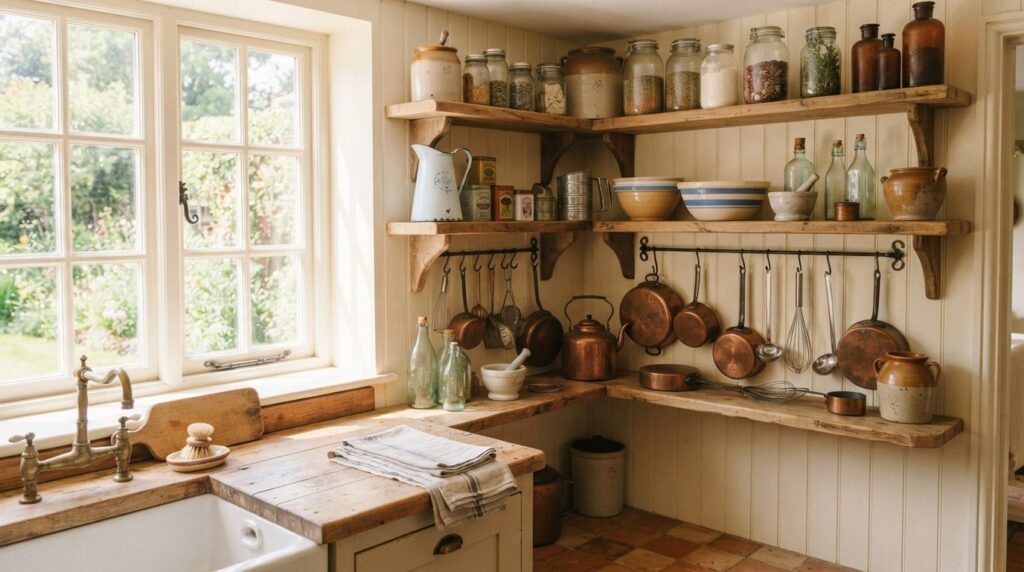 Bright, airy photograph of a vintage-styled kitchen corner w