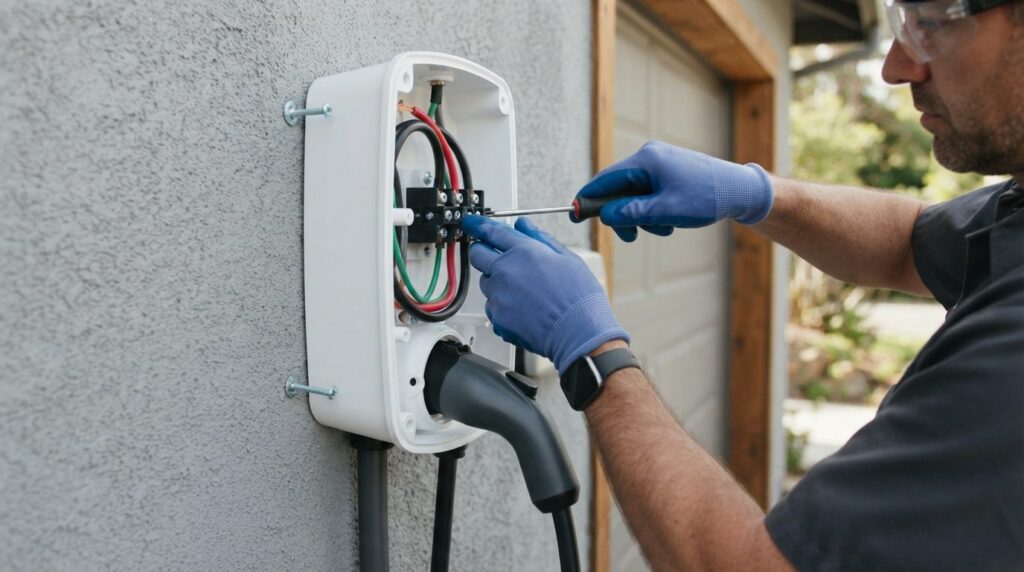 Close-up photograph of a professional electricians hands in
