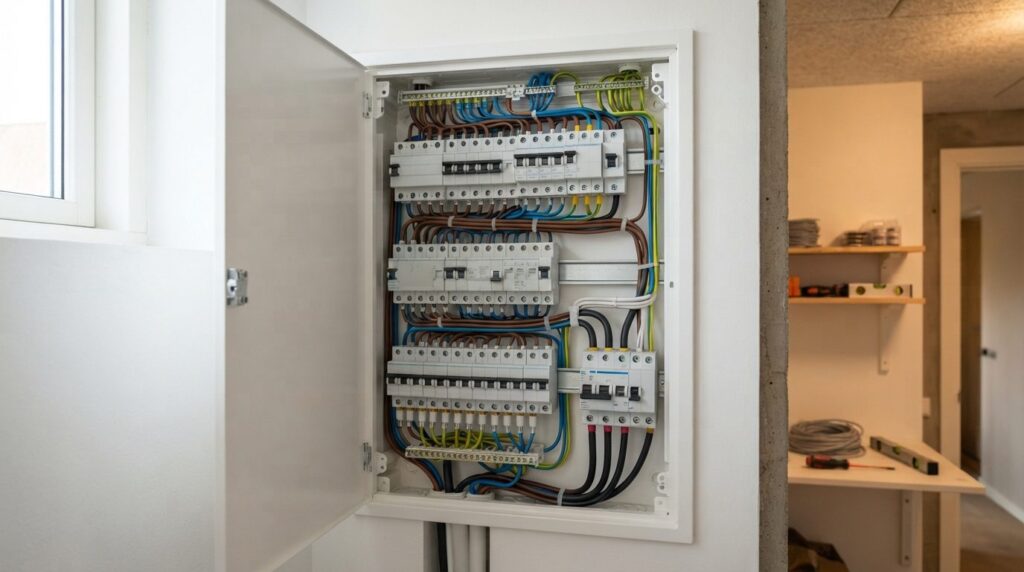 Interior shot of a residential electrical panel and distribu