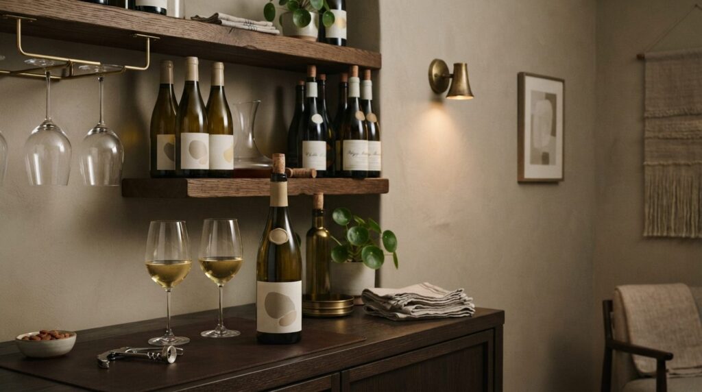 Close-up of a carefully curated home bar corner with Burgund