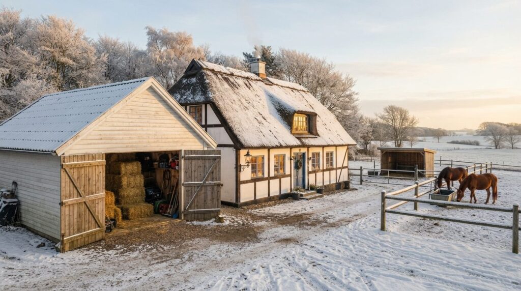 Cozy rural Danish farmhouse exterior in winter with an attac