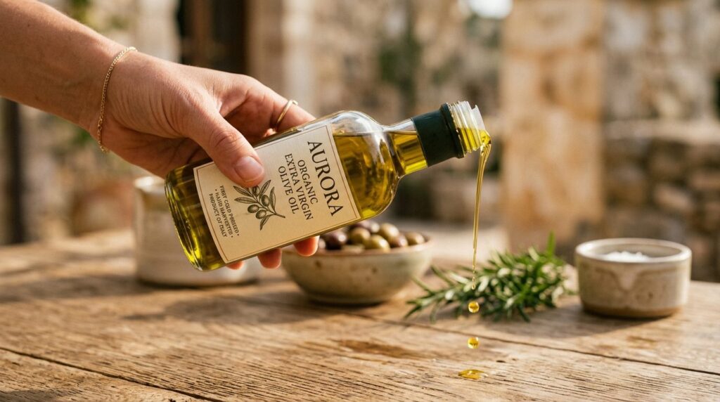 Close-up detail shot of a hand holding a bottle of golden or