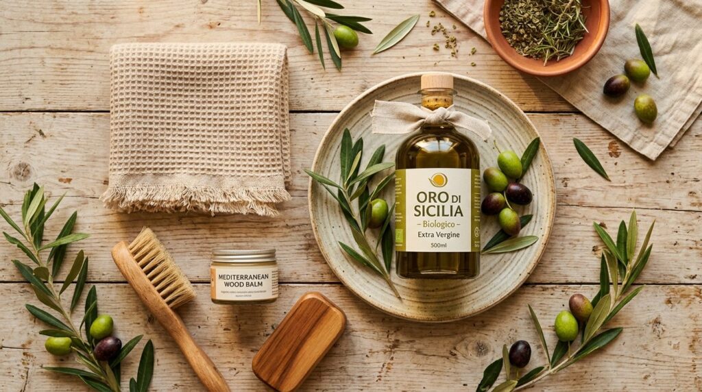 Flat lay arrangement on a light wooden surface featuring a b