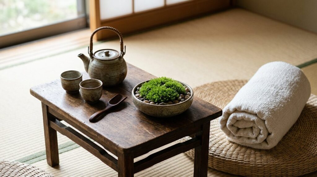 Close-up detail of Japanese zen meditation corner with rolle