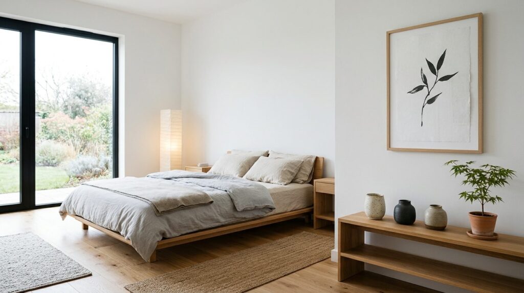 Peaceful Scandinavian-Japanese fusion bedroom with white wal