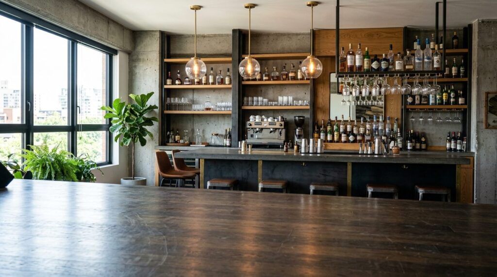 Close-up professional photograph of a home bar area with cle