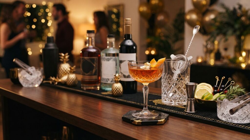 Close-up detail shot of an elegantly styled cocktail bar sta