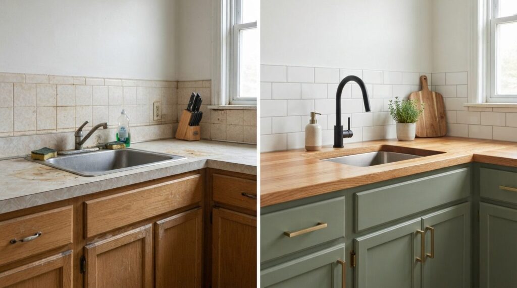 Before and after split-screen comparison of a kitchen renova
