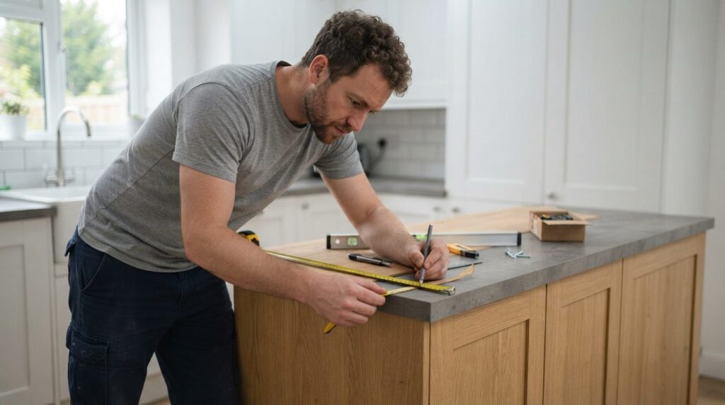 DIY homeowner measuring and preparing kitchen countertop for