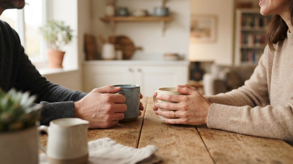 Close-up of a couples hands holding coffee cups at a kitche