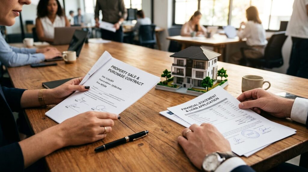 Close-up of hands holding a property contract and financial