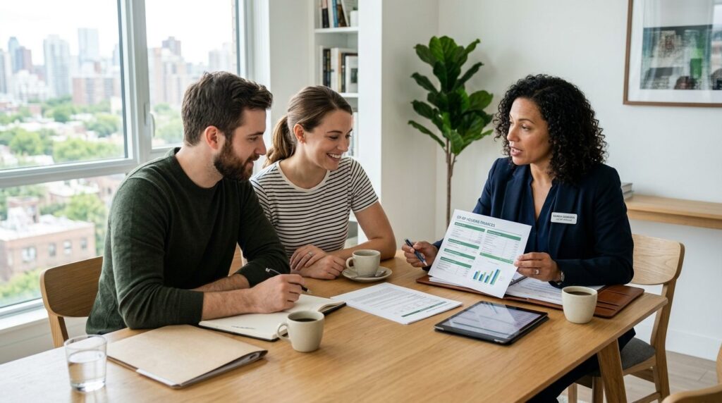 Young couple meeting with real estate advisor in modern apar