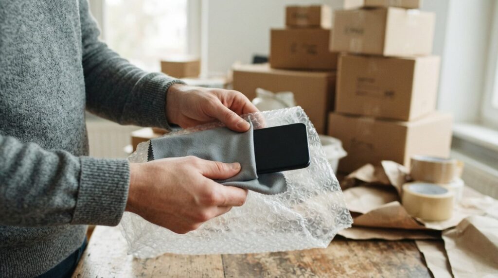 Close-up of hands wrapping a mobile phone in soft protective