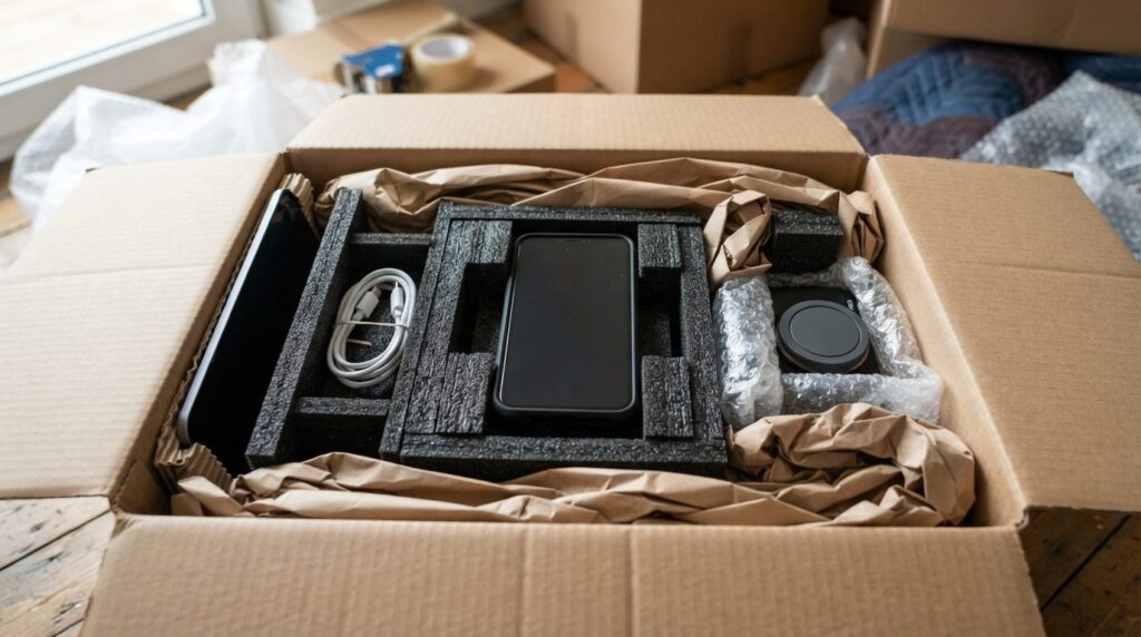 An organized moving box interior showing properly packed ele