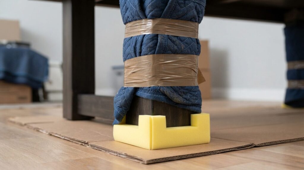 Close-up detail of professional furniture protection techniq