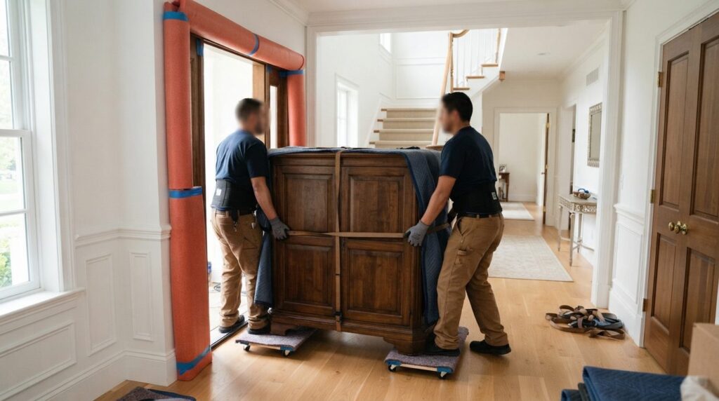 Moving crew using protective equipment in residential hallwa