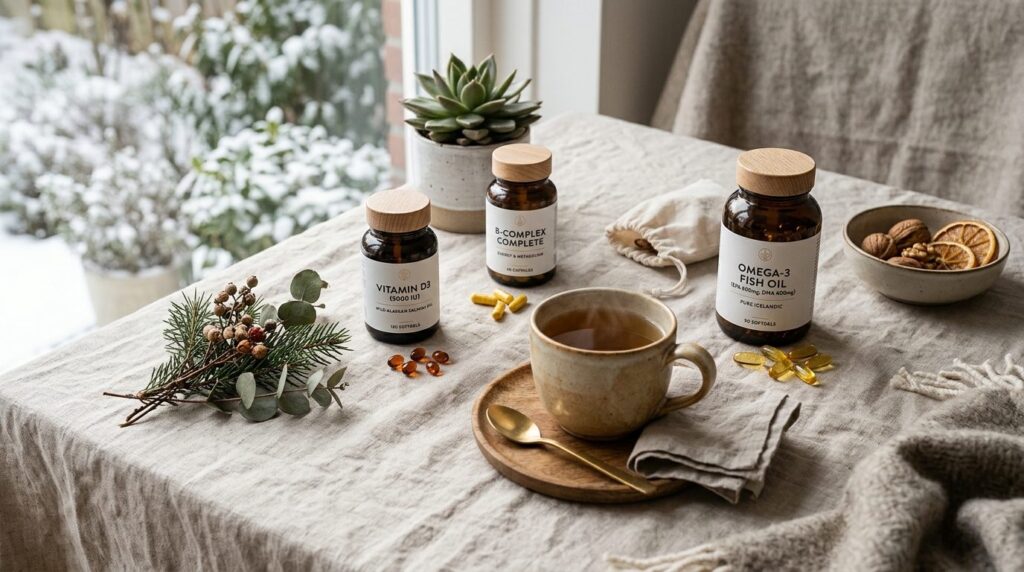 Close-up flat lay of premium vitamin supplements and wellnes