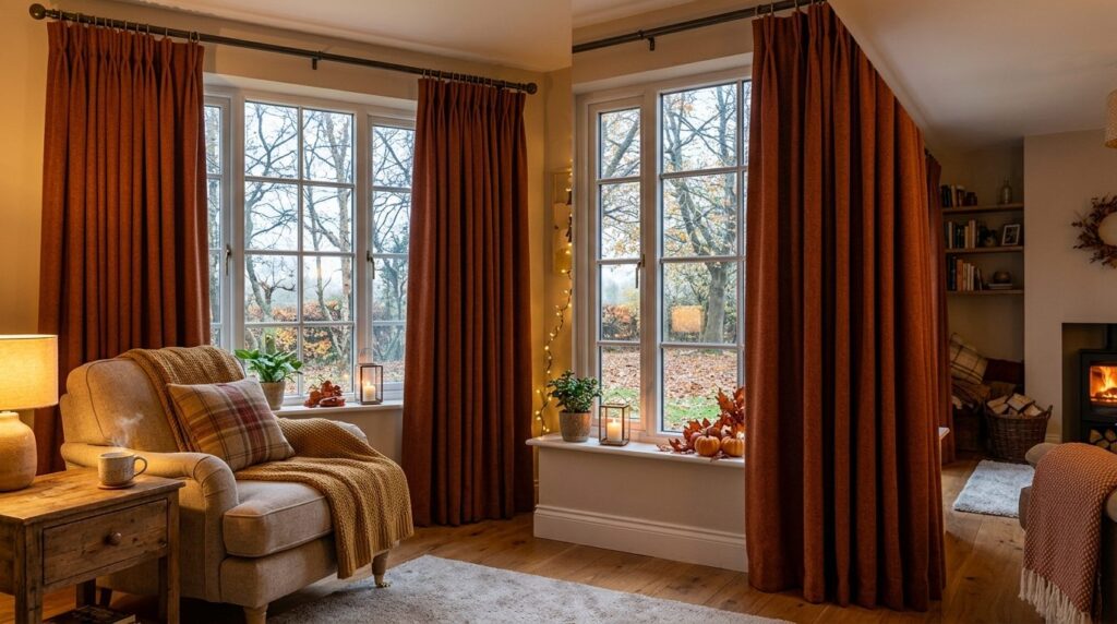Cozy autumn home interior showing thermal curtains installed