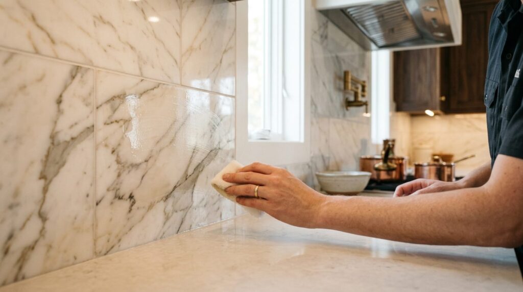 Close-up detail shot of premium marble wall tiles in a luxur
