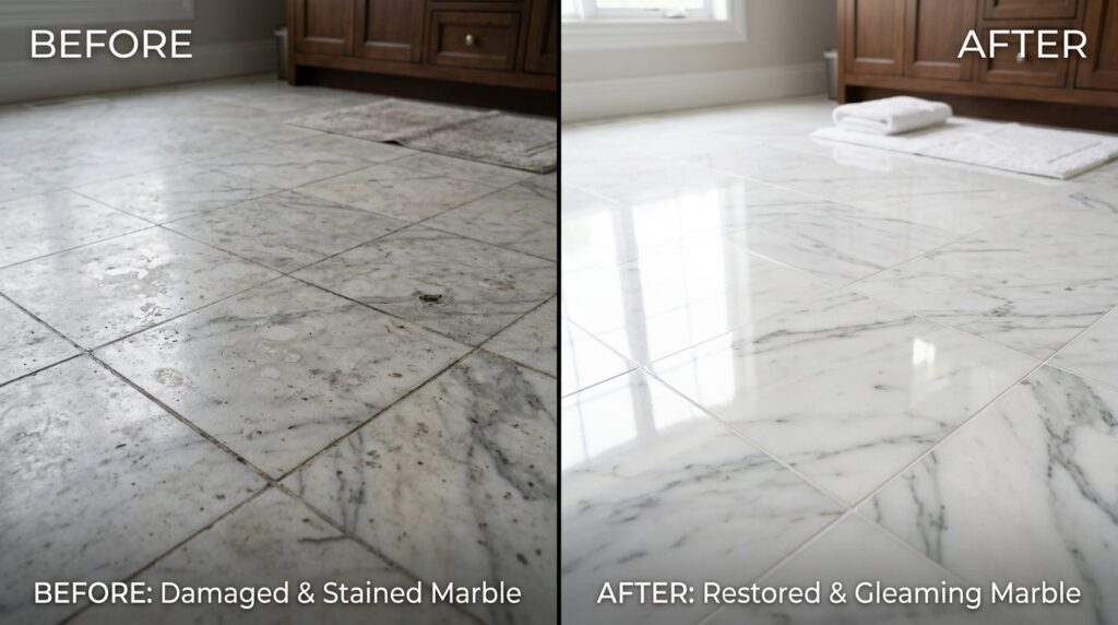 Before and after split-screen of marble bathroom floor tiles