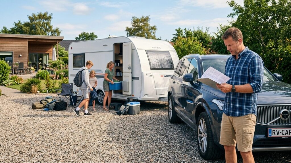 Wide shot of a family loading gear into their new campingvog